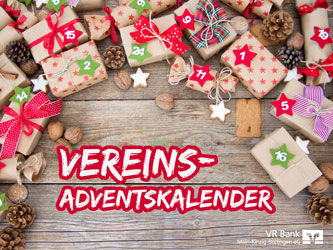 Auf dem Bild ist ein Adventskalender mit mehreren Päckchen zu sehen, sowie ein Textzug in rot-weiß "Vereins-Adventskalender".