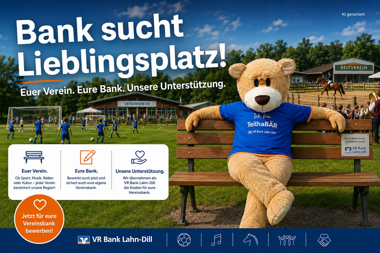 Bärenmaskottchen sitzt auf einer Bank. Hinter ihm verschiedene Vereinssituationen.