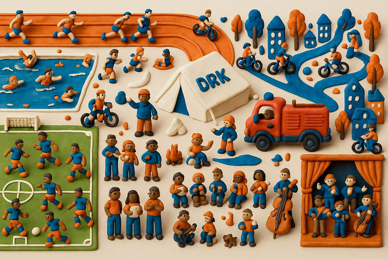 Buntes Knetfiguren-Bild, das die Vielfalt von Vereinen zeigt, von Sport über Freizeit bis hin zu sozialem Engagement.