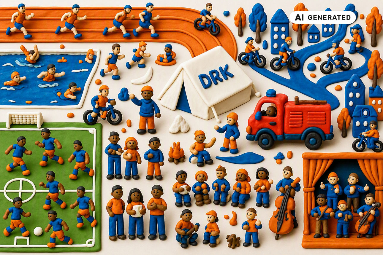 Buntes Knetfiguren-Bild, das die Vielfalt von Vereinen zeigt, von Sport über Freizeit bis hin zu sozialem Engagement.