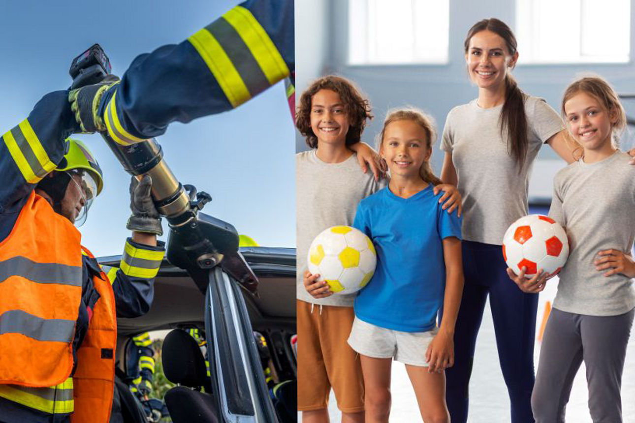 Collage aus drei Bildern: Pflegesituartion, Feuerwehr entfernt Autodach, Drei Kinder und eine Betreuerin mit Bällen