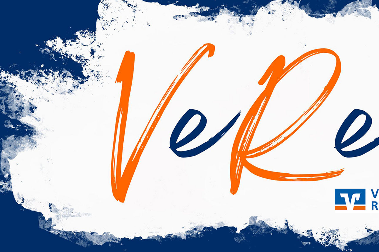 Schriftzug „VeReint“ in Orange und Blau auf weißem Hintergrund, gestaltet für die VR Bank RheinAhrEifel eG