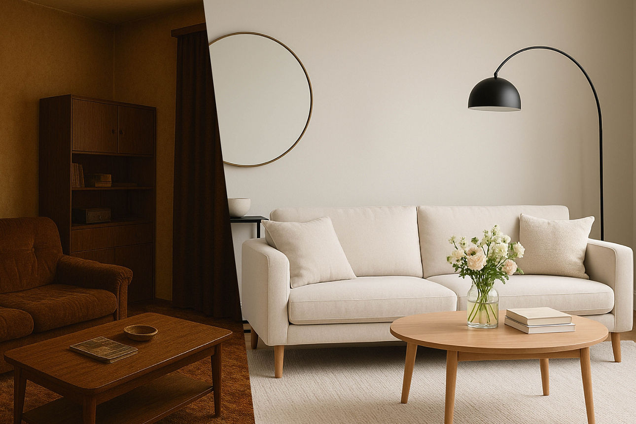 Gegenüberstellung altes Sofa mit Tisch und modernes Sofa mit Tisch