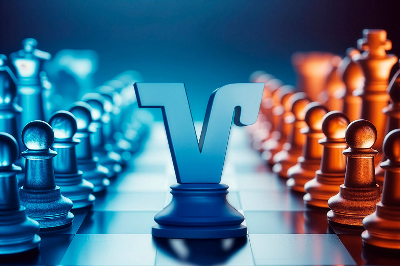 Schachbrett mit VR-Logo als zentrale Figur symbolisiert strategische Vermögensstrukturierung