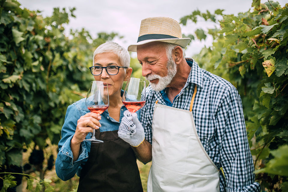 Ältere Frau und älterer Mann auch einem Weinberg und mit einem Weinglas in der Hand