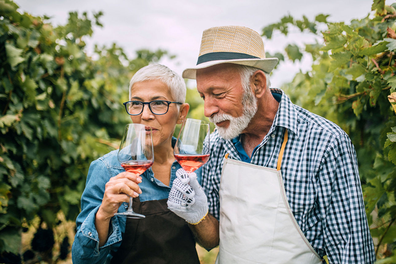 Ältere Frau und älterer Mann auch einem Weinberg und mit einem Weinglas in der Hand