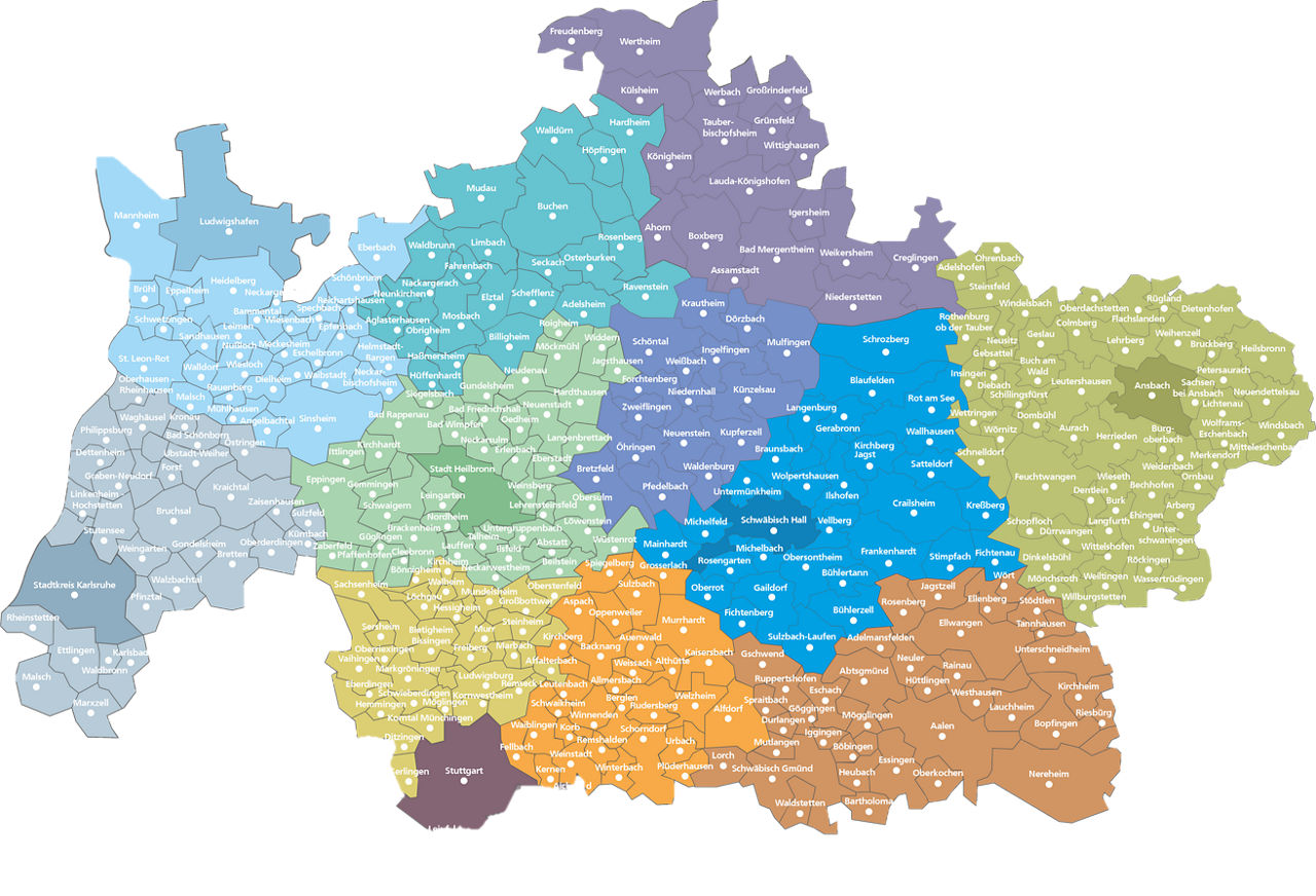 Eine Landkarte von dem Geschäftsgebiet der Vermittlerbetreuung. Die Landkreise und Städte sind mit Teilorten aufgeführt.