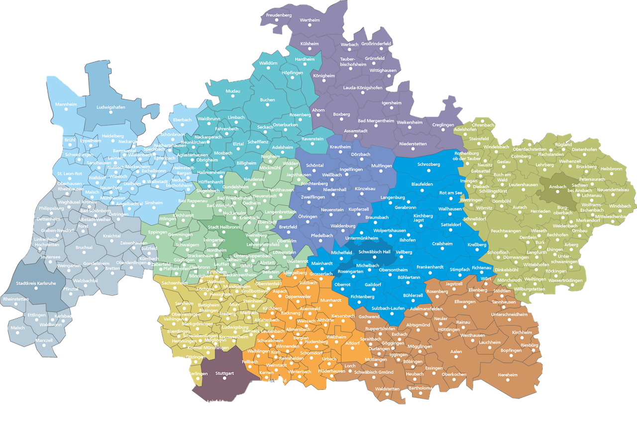 Eine Landkarte von dem Geschäftsgebiet der Vermittlerbetreuung. Die Landkreise und Städte sind mit Teilorten aufgeführt.