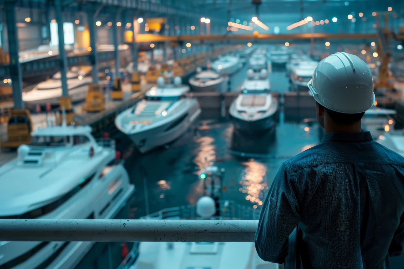 Ein Mann blickt auf eine Werfthalle mit Segelbooten