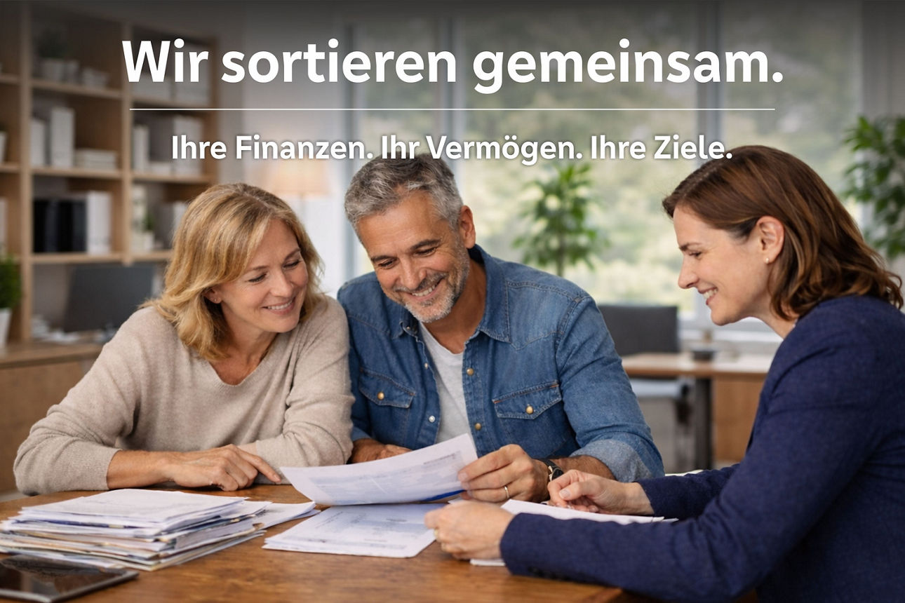 Paar mit Beraterin sitzt am Tisch und sortieren Unterlagen