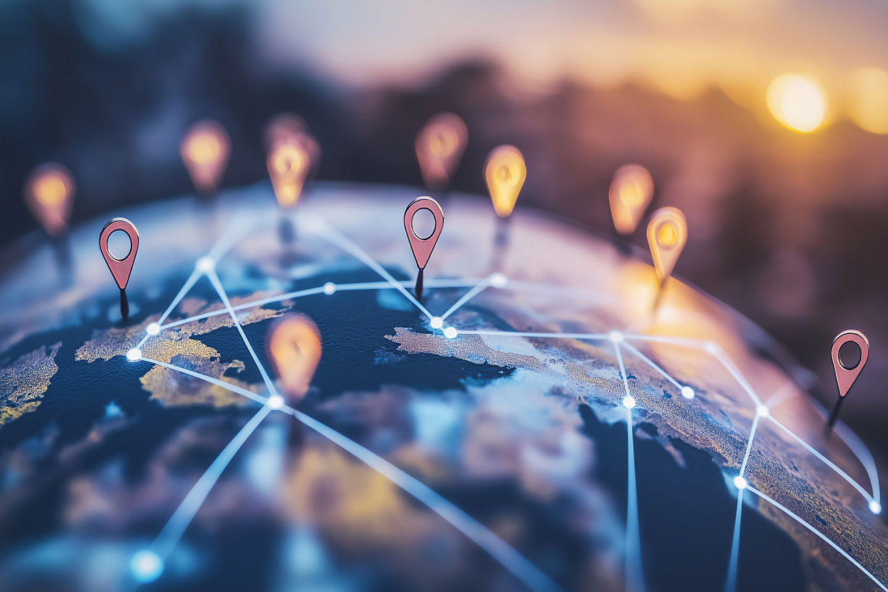 Globale Verbindungen: Eine stilisierte Illustration einer Weltkarte, beleuchtet durch leuchtende Linien, die verschiedene Orte verbinden und die Verbundenheit unserer Welt symbolisieren.