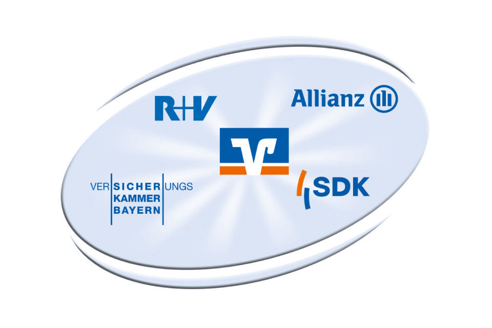 Eine Ellipse mit den verschiedenen Versicherungslogos und dem Logo der VR-Bank drinnen.