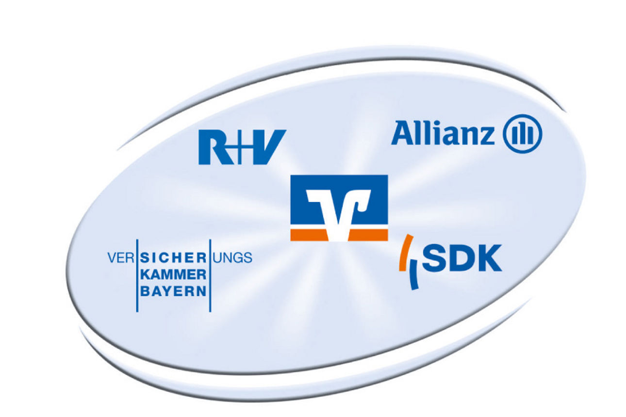 Eine Ellipse mit den verschiedenen Versicherungslogos und dem Logo der VR-Bank