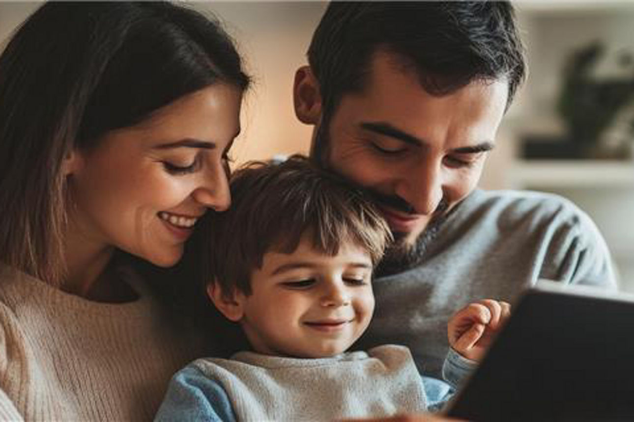 Eine Paar mit ihrem Kind auf dem Schoß schauen glücklich. 