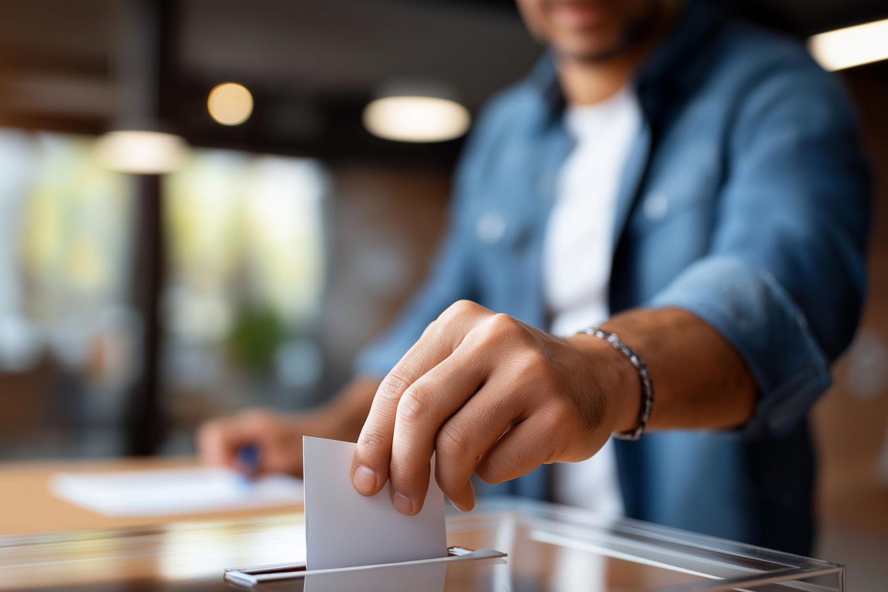 Eine Person deren Gesicht nicht zu erkennen ist, steckt einen Wahlzettel in die Wahlurne.