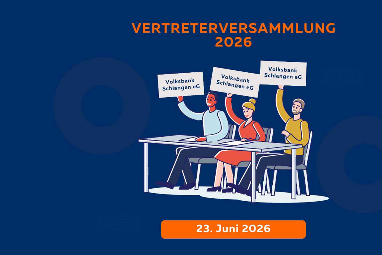 Eine digitale Grafik zur „Vertreterversammlung 2026“ der Volksbank Schlangen eG am 23. Juni 2026, auf der drei illustrierte P