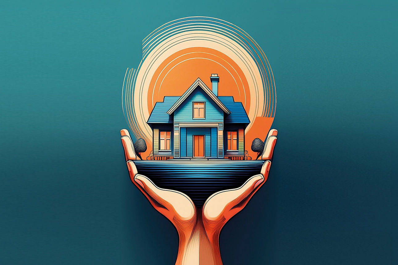Illustration eines Hauses in schützenden Händen, Symbol für Immobilien, Wohnen und finanzielle Sicherheit