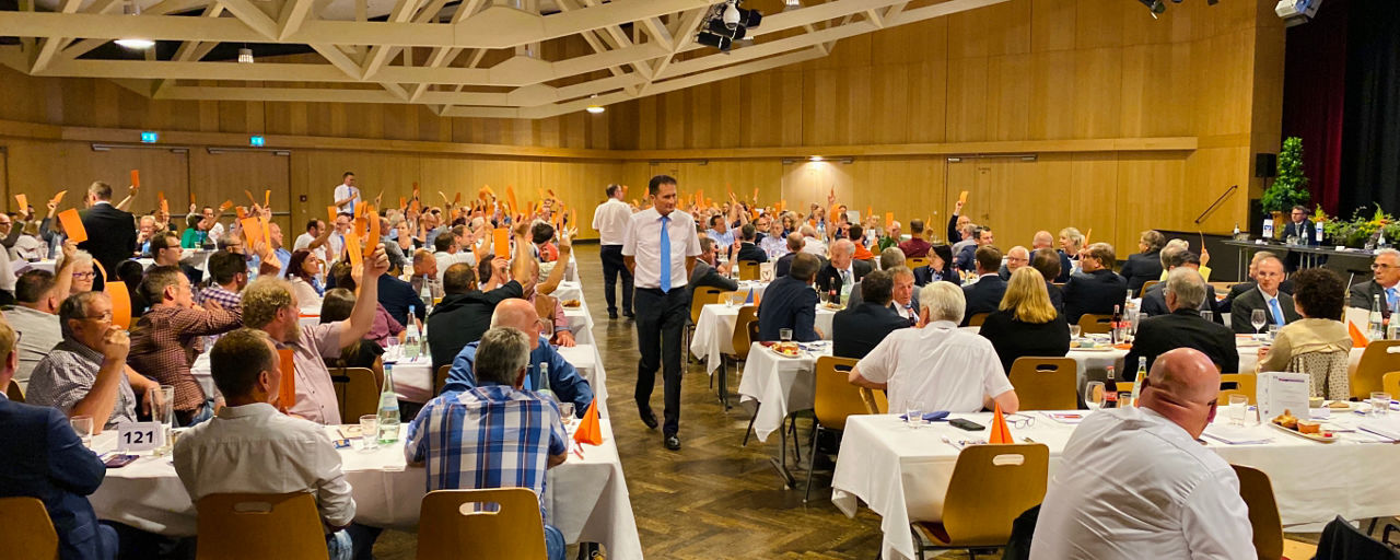 Viele Menschen heben Stimmkarten in die Höhe