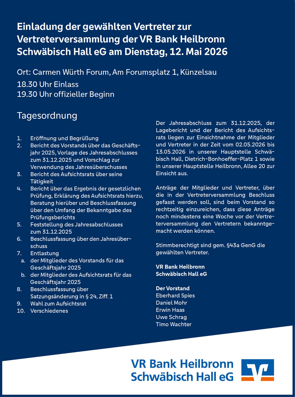 Programm für die ordentlichen Vertreterversammlung am Dienstag, 12.Mai 2026