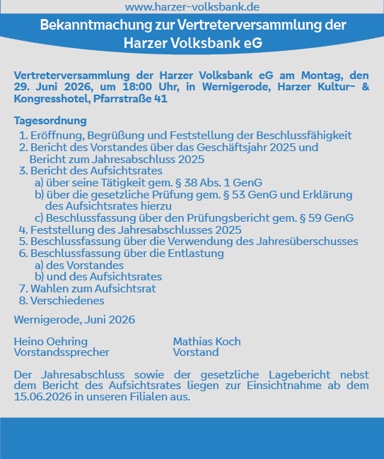 Anzeige zur Veröffentlichung zur Vertreterversammlung 12.06.2026