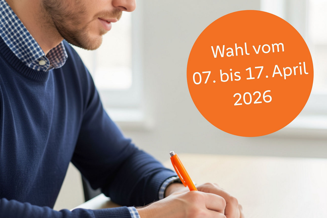 Mann füllt Anmeldung aus. Störer: Wahl vom 07. bis 17. April 2026.