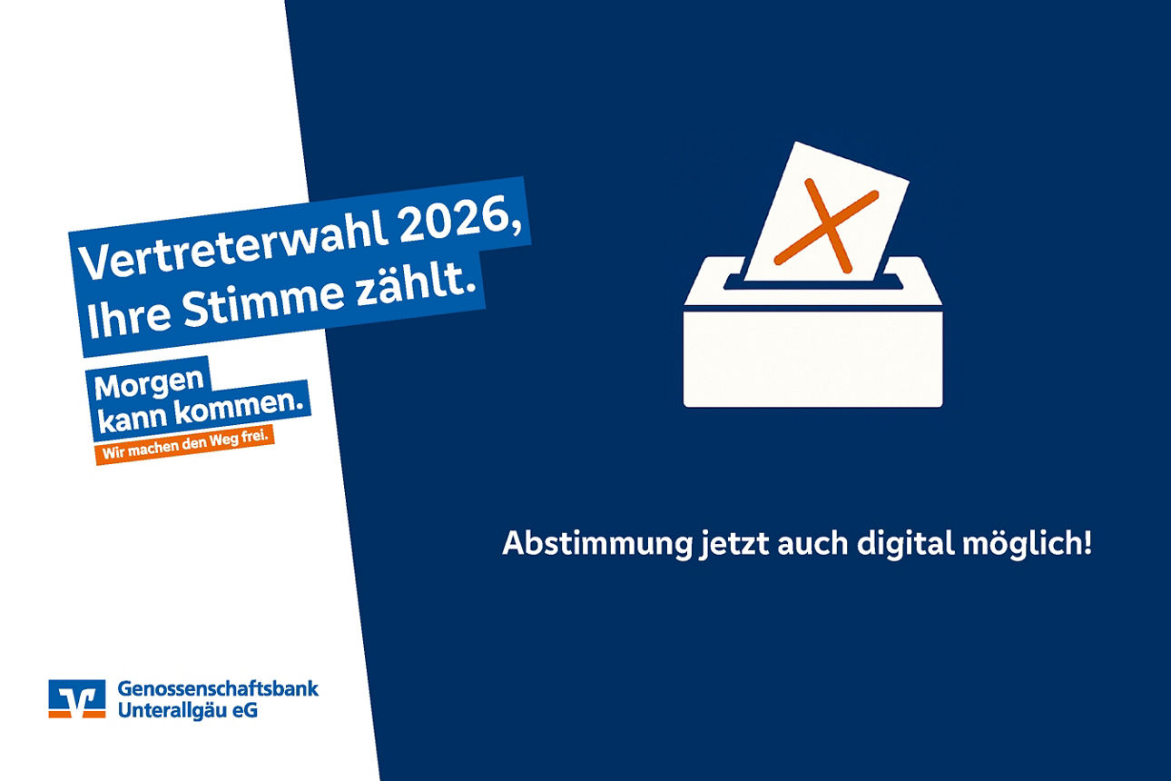 Grafik Vertreterwahl. Ihre Stimme zählt. Grafik Wahlurne mit Briefkuvert.