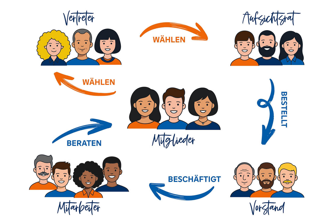 Illustration mit Gruppen von Menschen und Pfeilen, die Beziehungen zwischen Vertretern, Aufsichtsrat, Mitgliedern, Mitarbeitern und Vorstand zeigen, beschriftet mit 'WÄHLEN', 'BERATEN', 'BESTELLT' und 'BESCHÄFTIGT'