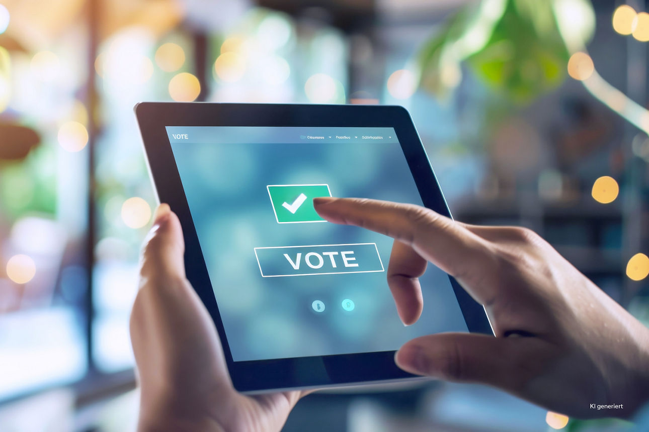 Hand tippt auf Tablet-Bildschirm mit grünem Häkchen und Schriftzug 'VOTE'