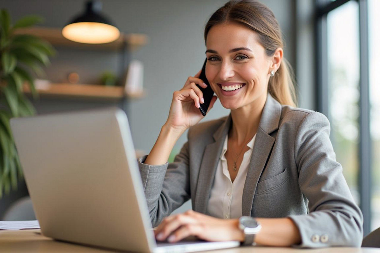 Frau in Business-Kleidung sitzt vor einem Laptop und telefoniert.