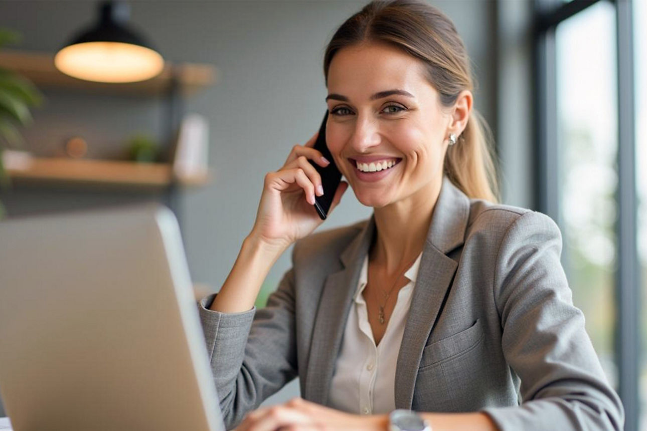 Frau in Business-Kleidung sitzt vor einem Laptop und telefoniert.