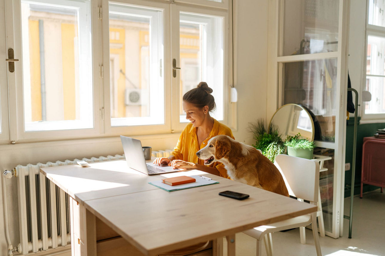 Eine Frau sitzt zusammen mit Ihrem Hunde vor einem Laptop am Küchentisch