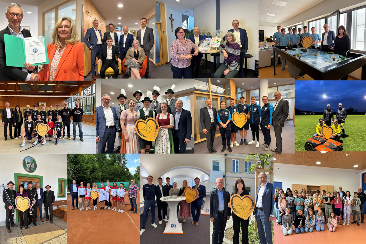 Auf einer Collage sind mehrere Gruppenfotos von Personen in unterschiedlichen Veranstaltungsumgebungen zu sehen