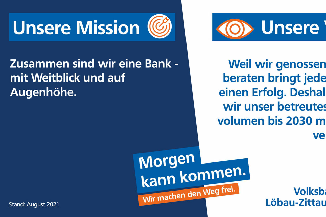 Ein Banner, auf der einen Seite steht die Mission und auf der anderen Seite die Vision der Volksbank Löbau-Zittau eG