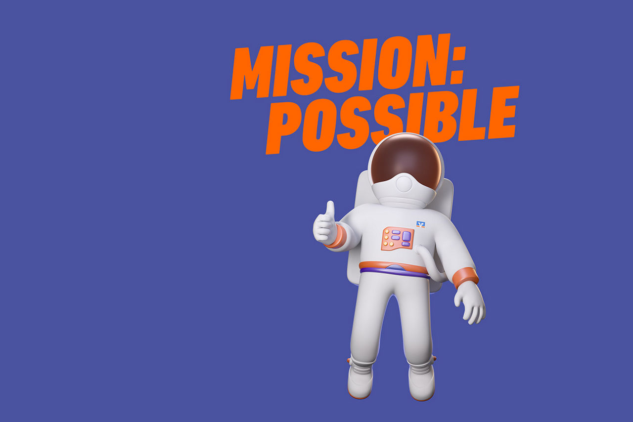 Astronaut mit Schirftzug Mission: Possible