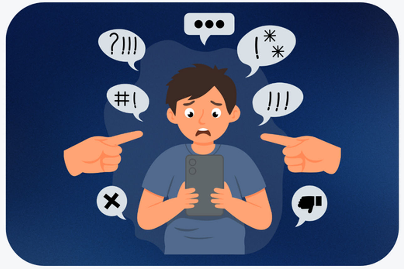 Gezeichneter Junge am Handy mit Sprechblasen um ihn herum