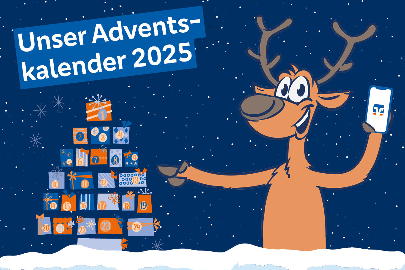 Taudo (Maskottchen Elch des Adventskalenders) mit Handy in der Hand und Christbaum aus Geschenken auf dunkelblauem Hintergrun