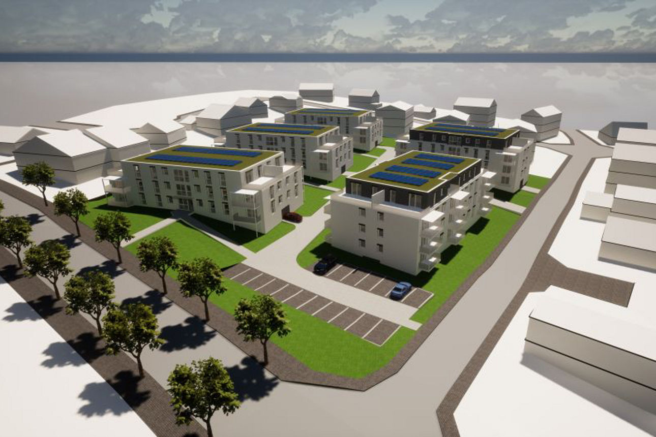 Moderne Wohngebäude mit Flachdächern und Solarpanels, angeordnet um Grünflächen und Parkplätze. 