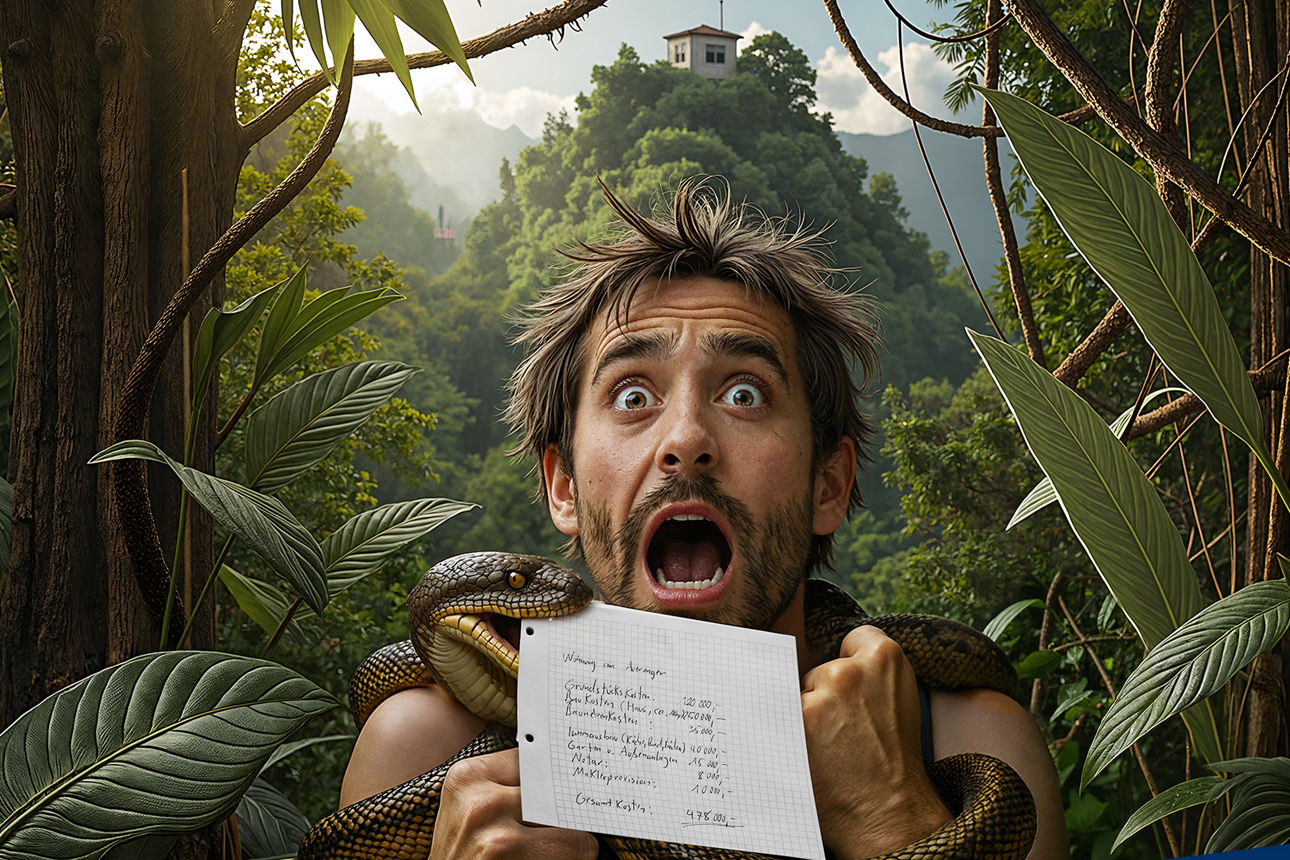 Mann mit aufgerissenem Mund im Dschungel mit einer Schlange um den Hals und einem Zettel der Ausgaben