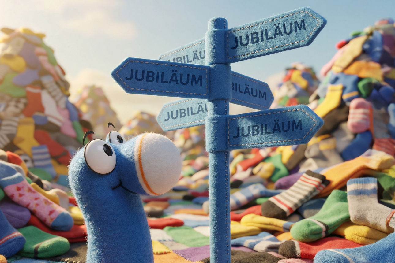 Wurm schaut auf einen Wegweiser mit vielen Schildern zum Jubiläum