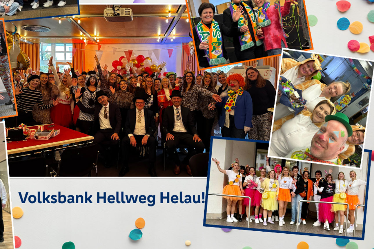 Collage mit Weiberfastnachts-Bildern aus den Filialen der Volksbank Hellweg
