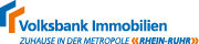 Blau-orangenes Logo in Form eines Schriftzuges auf weißem Hintergrund, der besagt "Volksbank Immobilien - zuhause in der Metropole Rhein Ruhr"