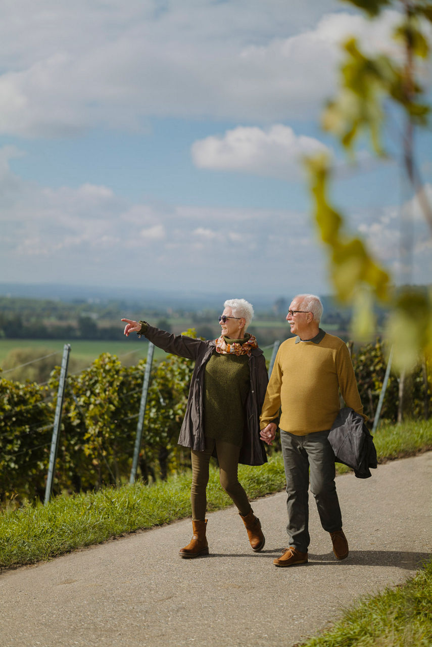 Älteres Ehepaar läuft im Markgräflerland in den Reben.