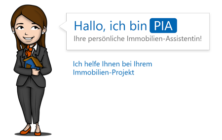 Illustration einer lächelnden Immobilien-Assistentin namens PIA im Anzug. Sie bietet Hilfe bei Immobilien-Projekten an.
