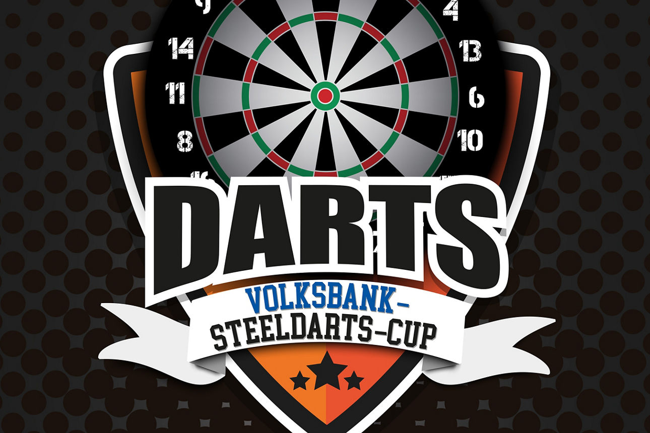 Eine stilisierte Dartscheibe mit einem Schriftzug "DARTS Volksbank Stelledarts-Cup" in einem Banner davor.