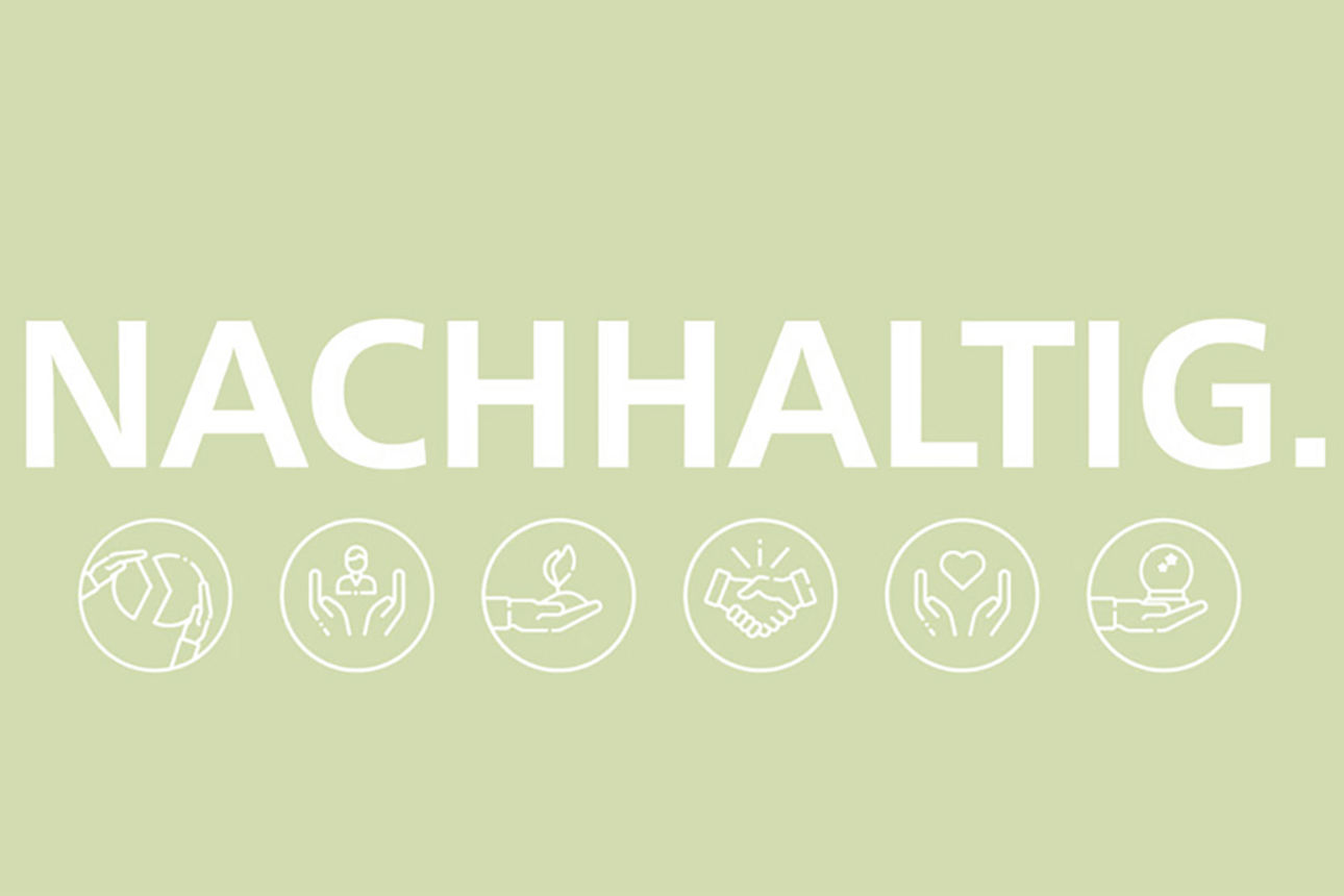 Schriftzug Nachhaltigkeit und Icons auf grünem Hintergrund