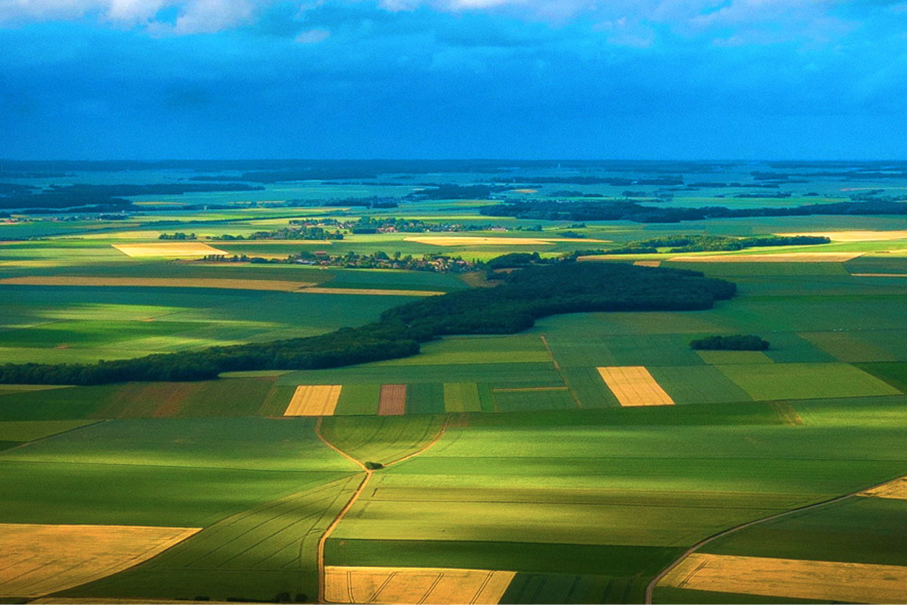 Luftbild einer Region mit Feldern, Wiesen und Wäldern