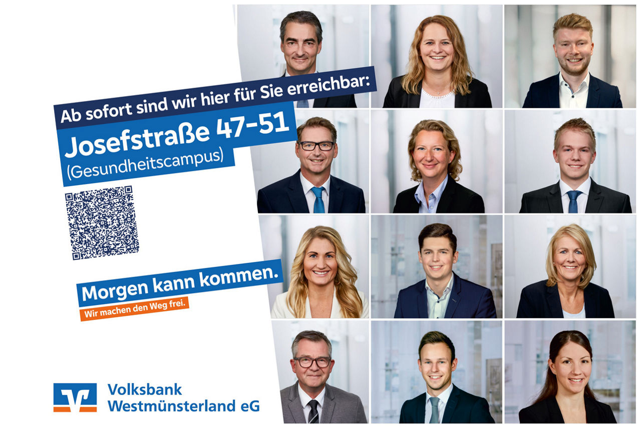Anzeigemotiv mit QR-Code und Adresse des Übergangsstandorts und Berater-Fotos