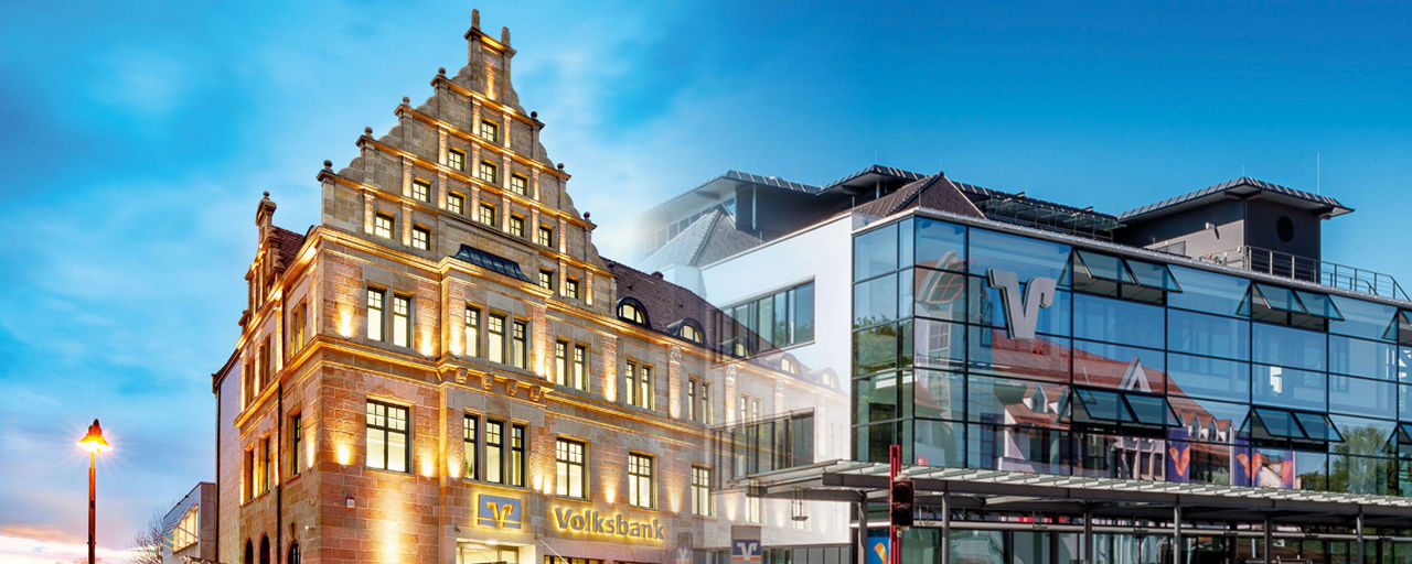 Bildcollage der beiden Hauptgebäude der Gestalterbank