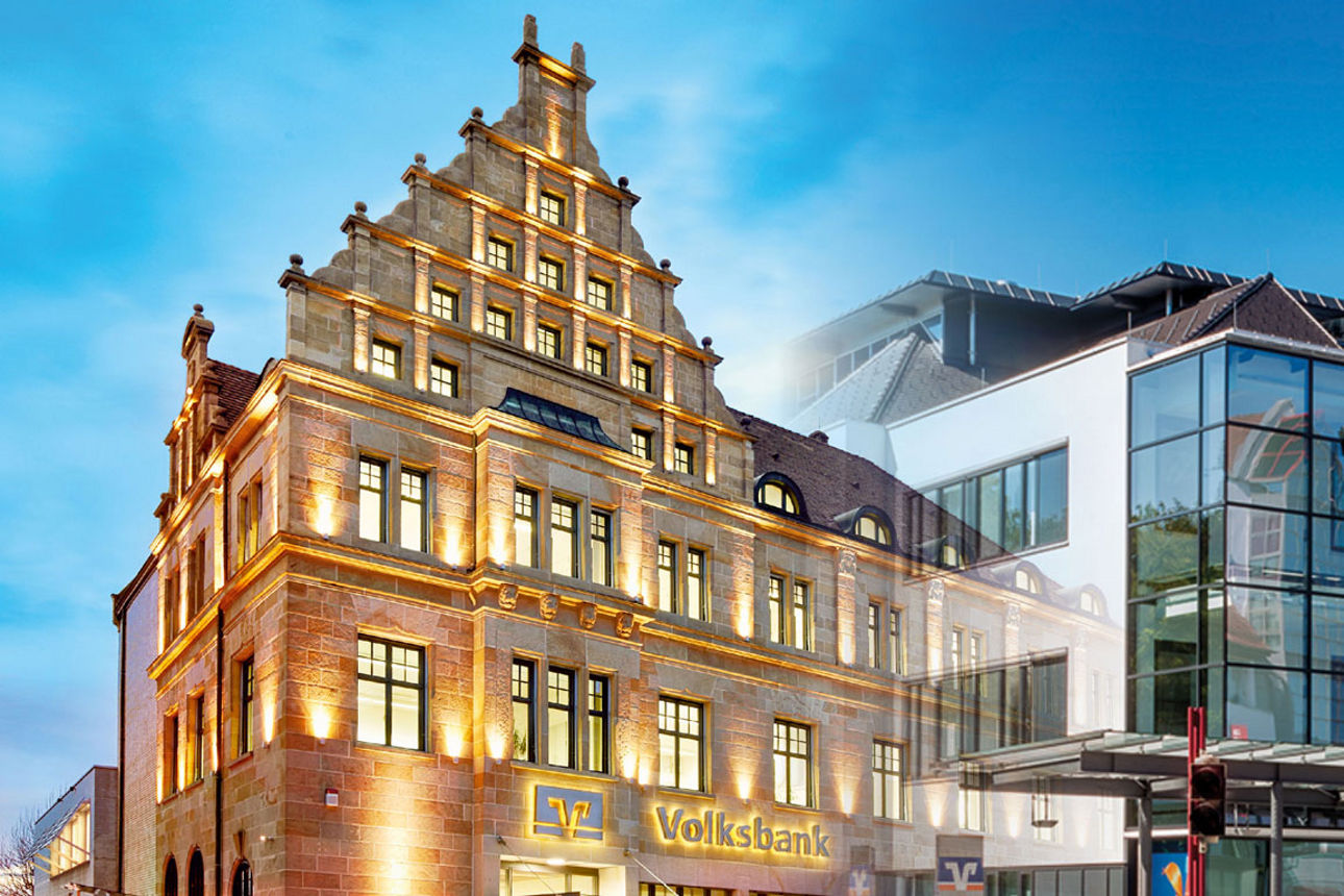 Bildcollage der beiden Hauptgebäude der Gestalterbank