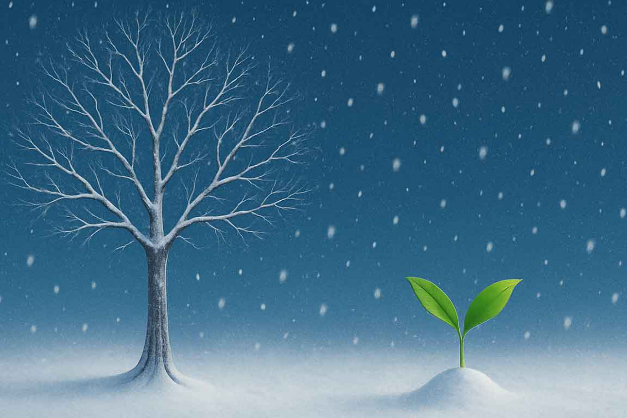 Winterlandschaft mit kahlem Baum und grünem Keimling im Schnee – Symbol für Neubeginn trotz Kälte.